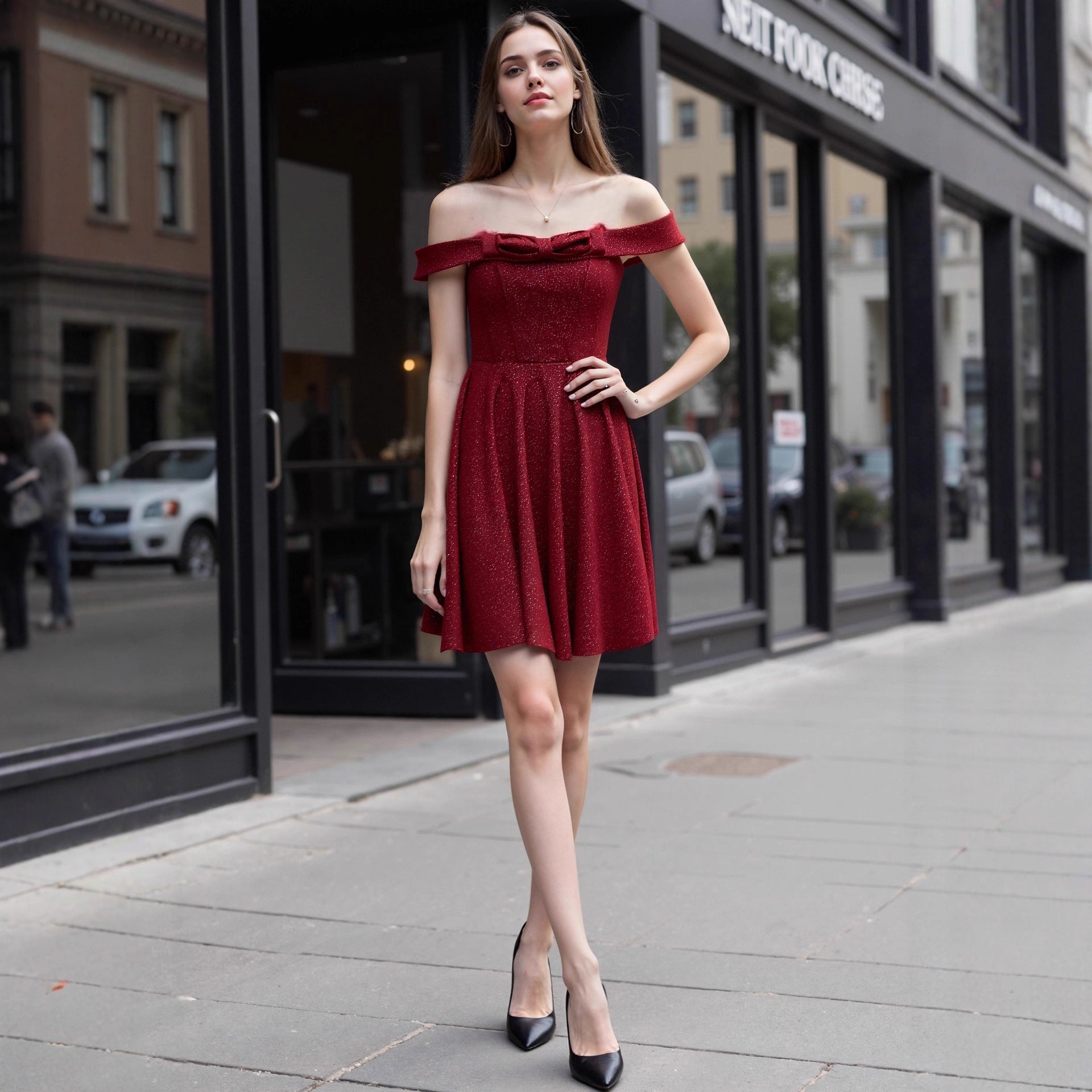 Red pleated off-shoulder evening dress with fitted bodice and flared skirt