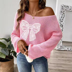 Bow Embroidered Patch Women Pullover Sweater Women Clothing off Neck off the Shoulder Flared Sleeves Sweater