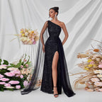 Women's One-Shoulder Sequin High-Slit Evening Dress