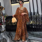 V-Neck Split Irregular Asymmetric Cinched Printed Long Sleeve Dress