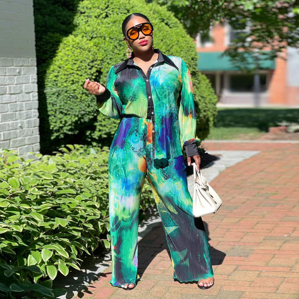 Autumn Long-Sleeve Wide Leg Pants Printed Pleated Set