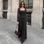 Women's Elegant Lightly Mature Black Square Collar Lace Long Sleeve Dress