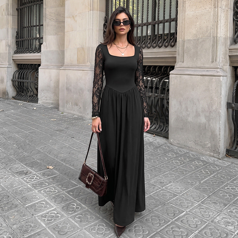 Women's Elegant Lightly Mature Black Square Collar Lace Long Sleeve Dress