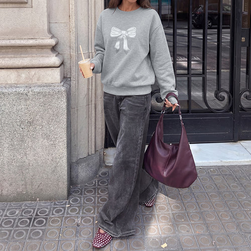 Gray loose long-sleeve sweatshirt with white bowknot graphic and round neck