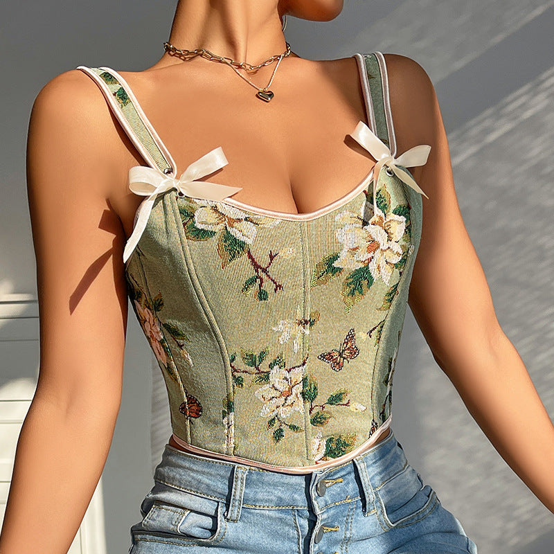 French Floral Bow Strap Corset Top