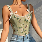 French Floral Bow Strap Corset Top