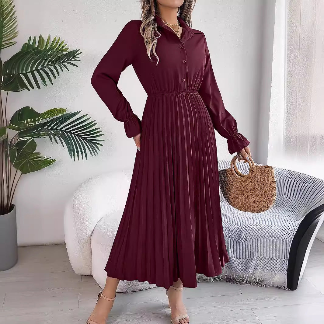 Autumn Winter Casual Collared Button Long Sleeve Cinched Pleated Maxi Dress