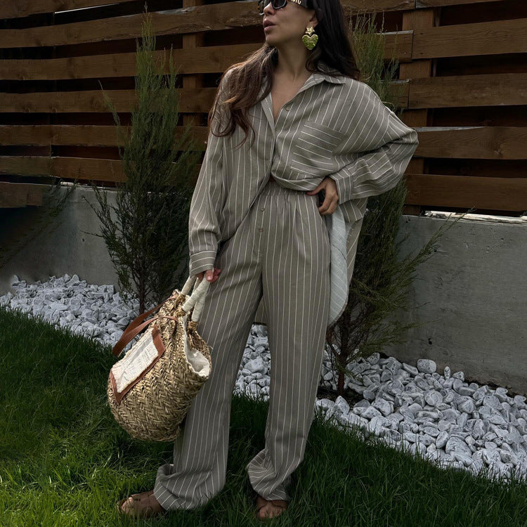 Striped Loose Long Sleeved Shirt Wide Leg