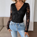 Women's Elegant Sexy Back See Through Lace Deep V Plunge Neck Long Sleeve Black Top For Women