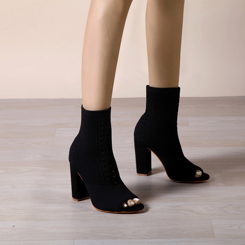Women's Knitted Peep-Toe Chunky-Heel Sandals