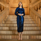 High Grade Long Sleeved Round Neck Sequined Cocktail Mid Dress