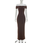 Off-shoulder fitted maxi wrap dress in dark brown on mannequin