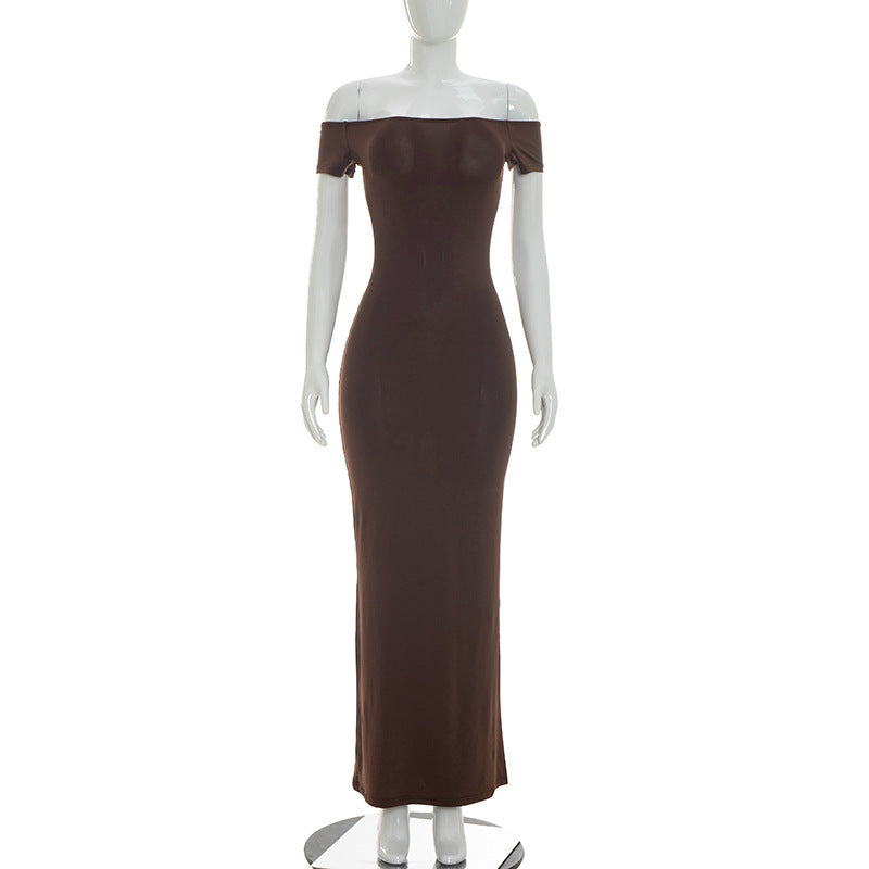 Off-shoulder fitted maxi wrap dress in dark brown on mannequin