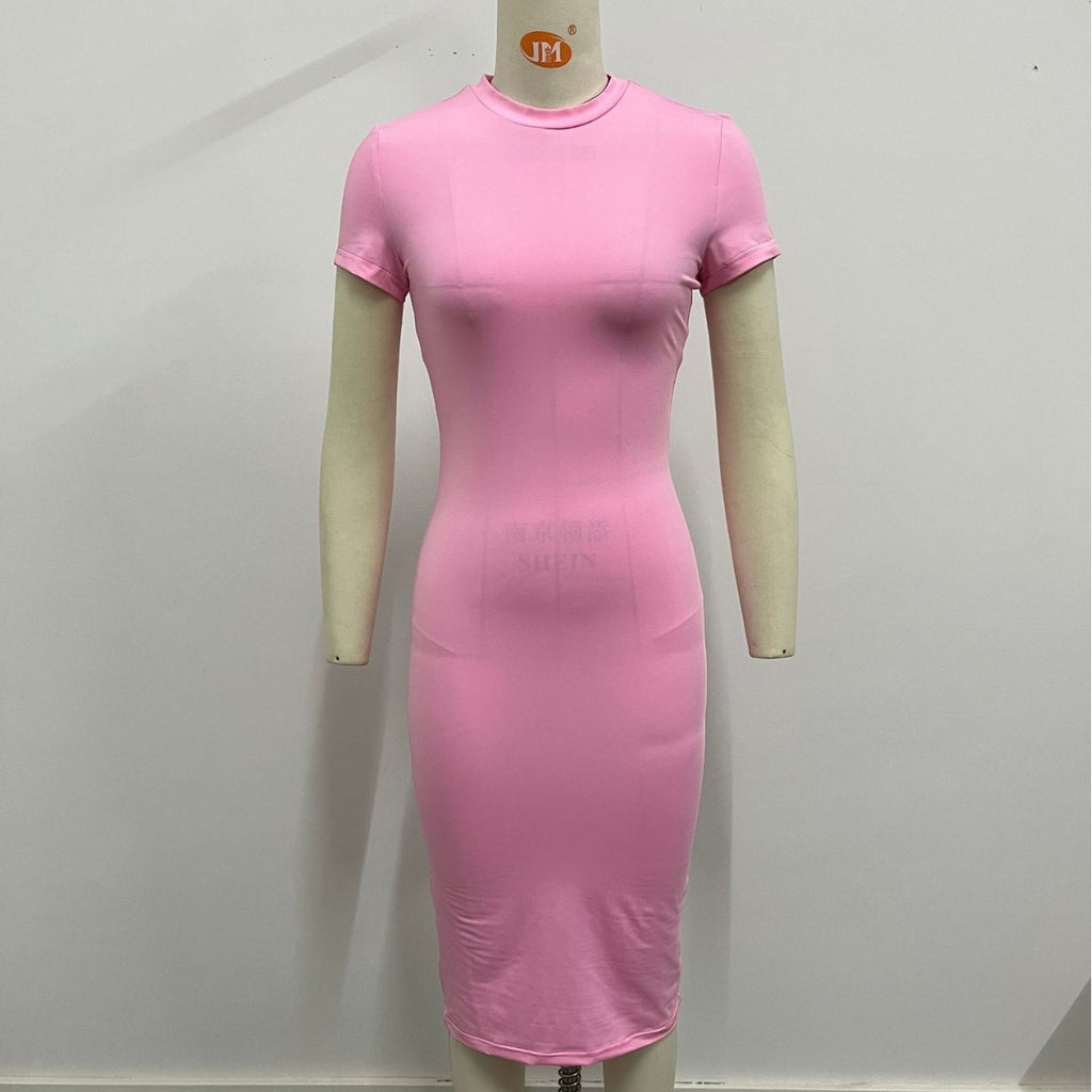 Summer Solid Color Dress Kardashian Slim Fit Short Sleeve round Neck