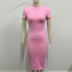 Summer Solid Color Dress Kardashian Slim Fit Short Sleeve round Neck