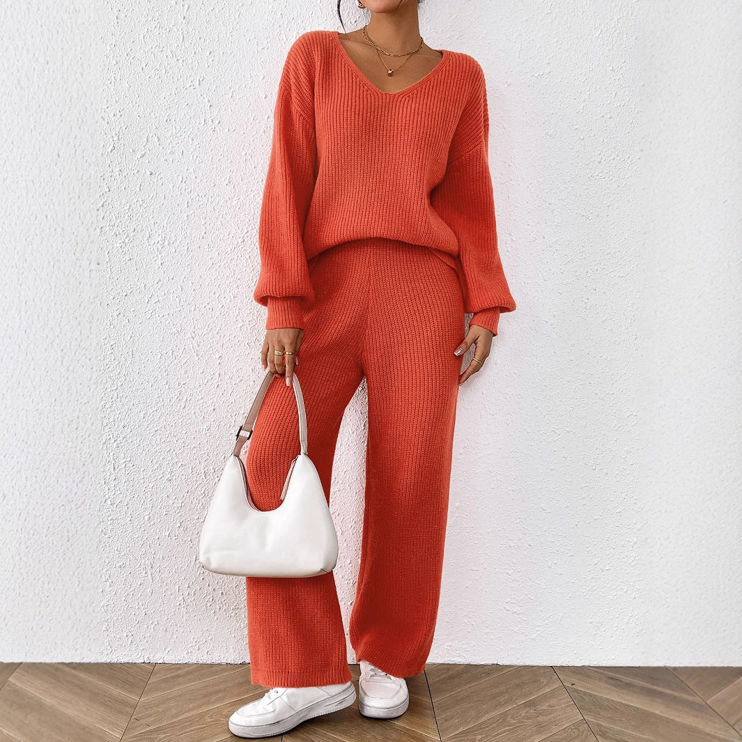 Women Simple Casual Wool V neck Loose Top Solid Color Wide Leg Straight Pants Two Piece Sweater