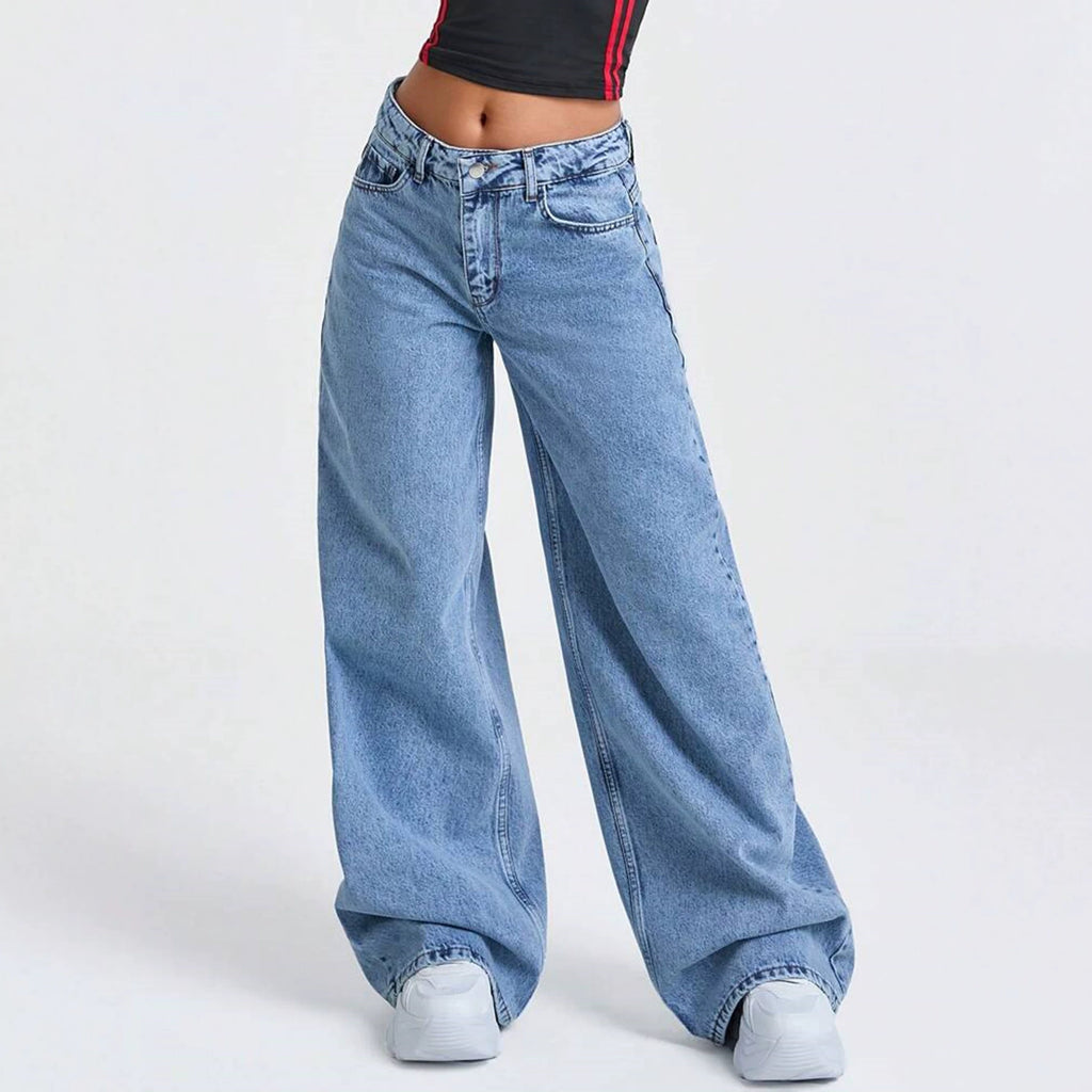 Women Washed Fried Snowflake Loose Wide Leg Jeans Women Jeans