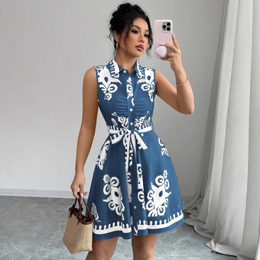 Summer Printed Waist Controlled Lace-Up Sleeveless Dress