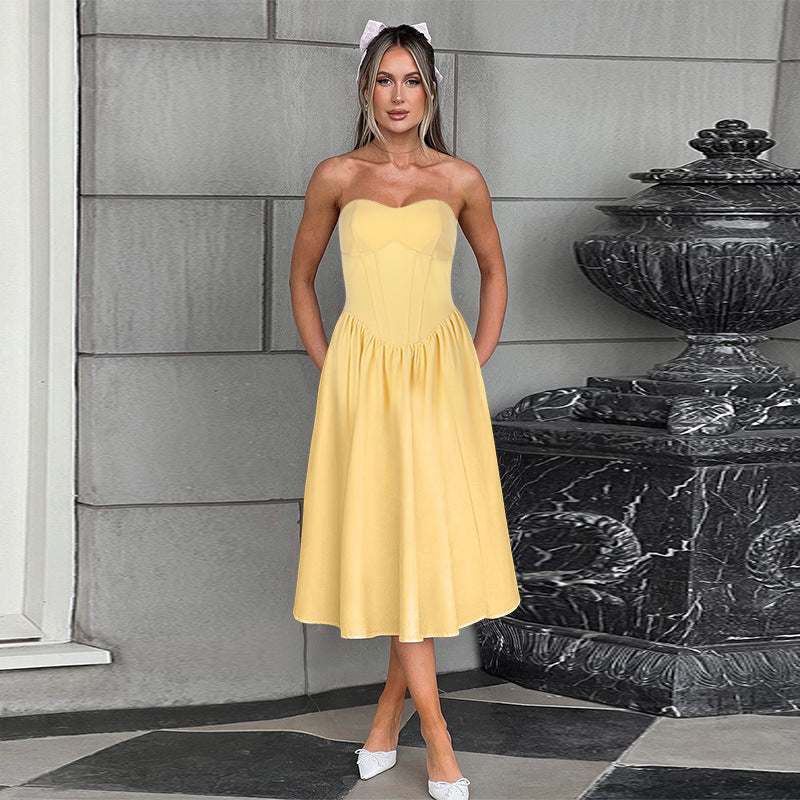 Elegant Solid-Color Sleeveless Strapless Waist Dress