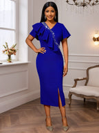 Royal blue V-neck cocktail dress with jeweled bodice, flutter sleeves, and side slit