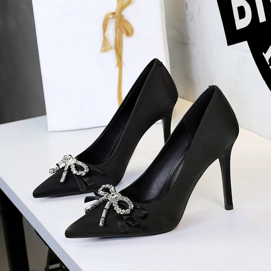 Women's Rhinestone Bow Satin Stiletto Pumps