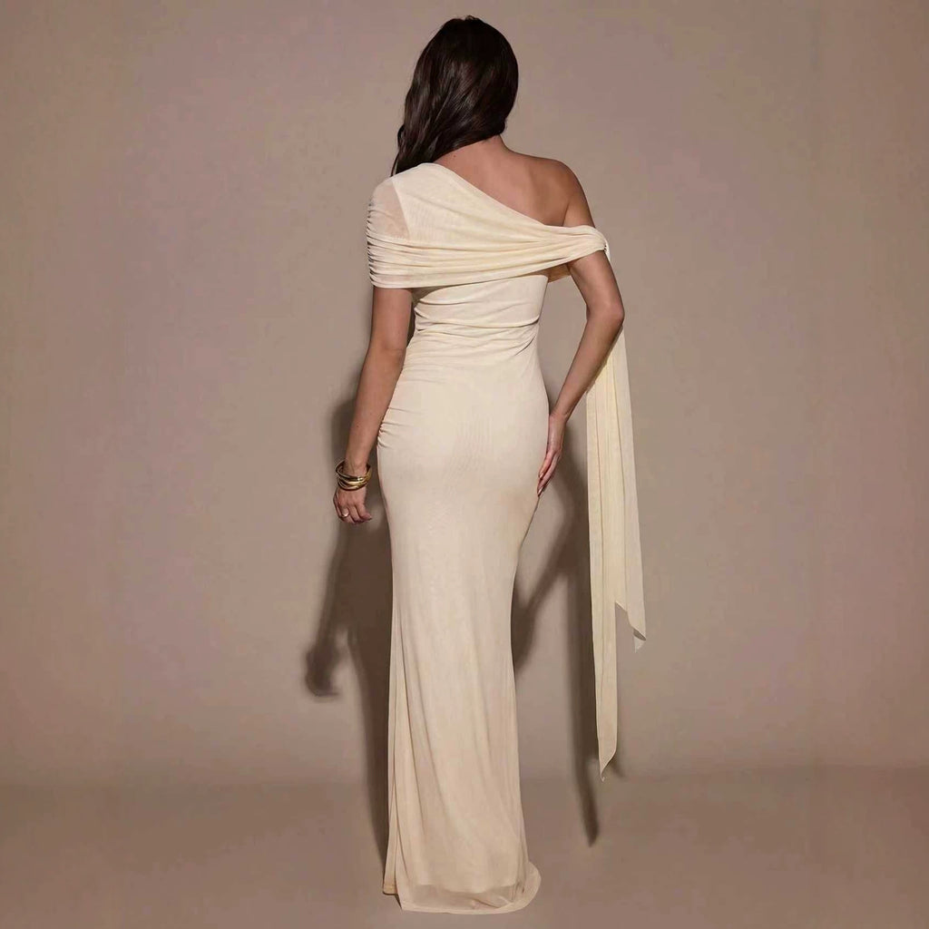 Light yellow off-shoulder maxi dress with draped back panel and long side ties