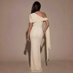 Light yellow off-shoulder maxi dress with draped back panel and long side ties