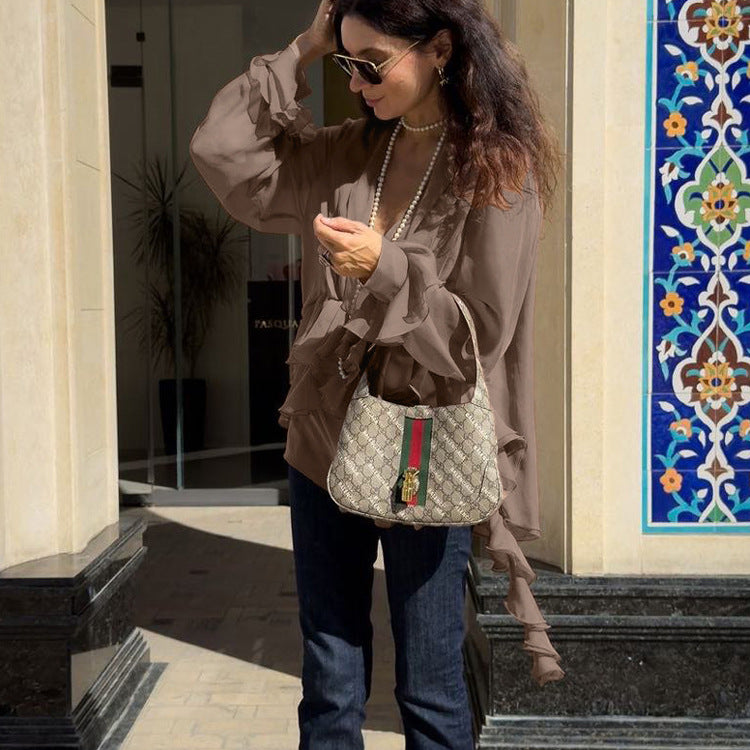 Chiffon V Neck Long Sleeve Shirt Pleated