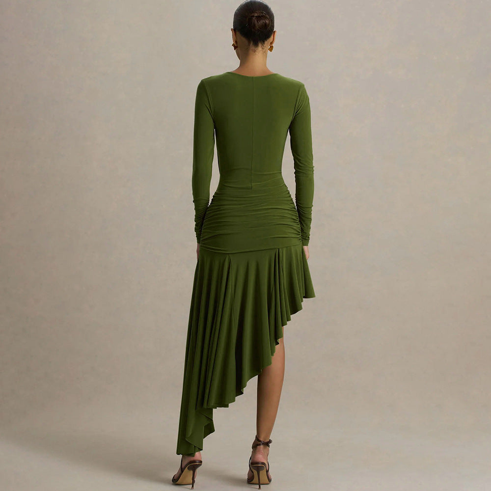 Women's Slim Dress Pleated Irregular Asymmetric Maxi Dress