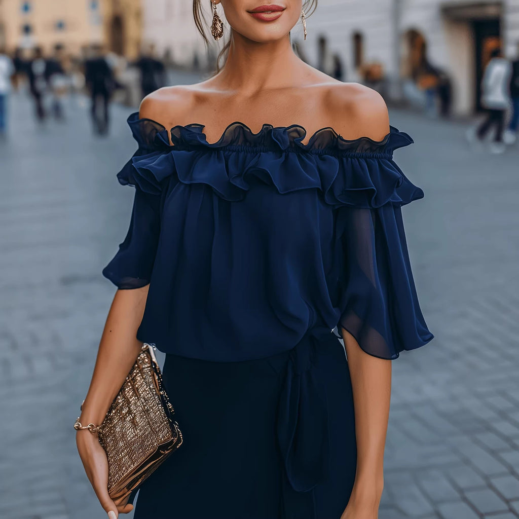 Women's Elegant Off Shoulder Ruffled Shirt Sexy See Through Chiffon Short Sleeve Top Women