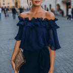 Women's Elegant Off Shoulder Ruffled Shirt Sexy See Through Chiffon Short Sleeve Top Women