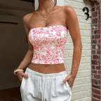 Women's Women’s Pink Floral Strapless Backless Crop Top