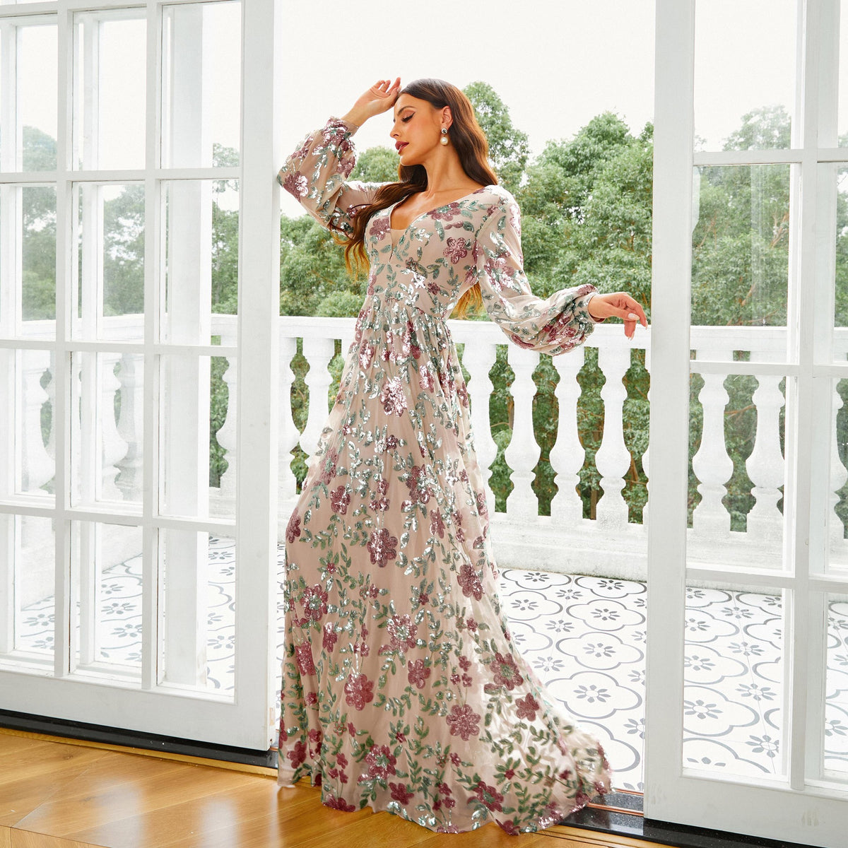 Women's Embellished V-Neck Maxi Dress