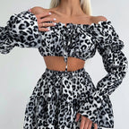 Leopard Print Printed off Neck Bell Sleeve