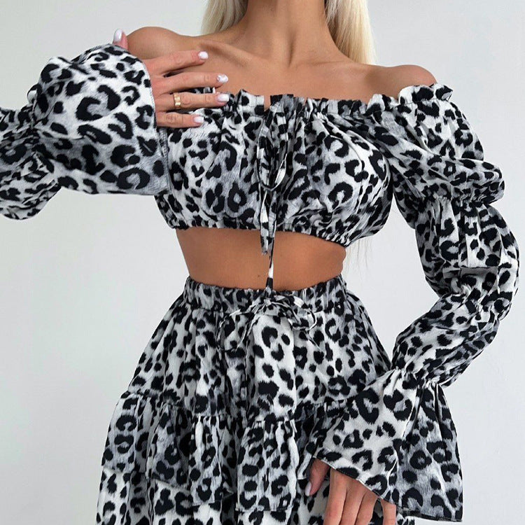 Leopard Print Printed off Neck Bell Sleeve