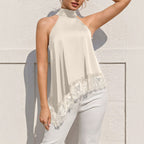 Women's Satin Halter Lace Asymmetric Top