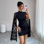 Lace Stand-Collar Long-Sleeve Dress