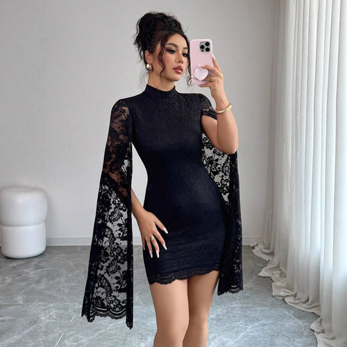 Lace Small Stand Collar Slit Long Sleeve Sexy Dress for Women Autumn Winter