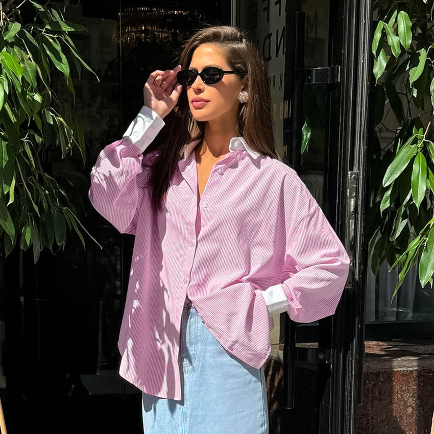 Women's Contrast Striped Button-Up Shirt