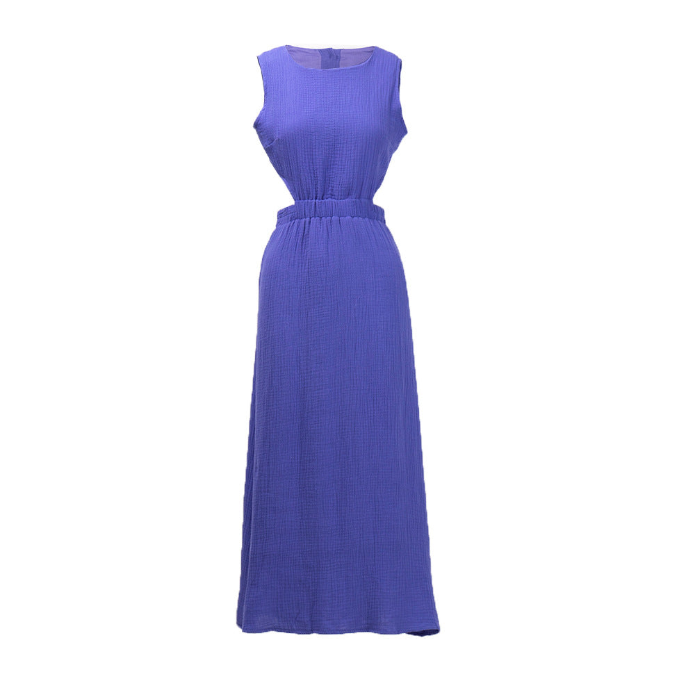 Cotton Crew-Neck Cutout Long-Sleeve A-Line Maxi Dress