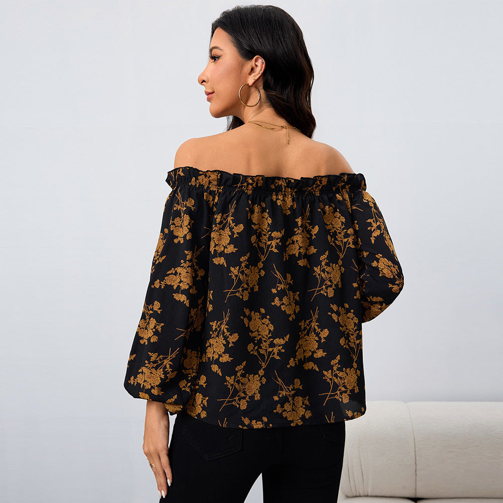 Women's off Shoulder Women Shirt Floral Elegant Long Sleeve Top
