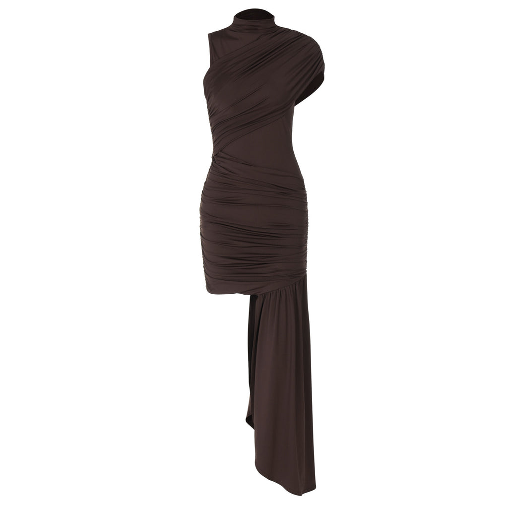 Women's Spring Summer Slim round Neck Pleated Hip Irregular Asymmetric Sleeveless Dress