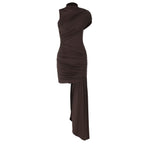 Women's Spring Summer Slim round Neck Pleated Hip Irregular Asymmetric Sleeveless Dress