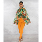 Women's Clothing Lace Up Printed Chiffon Shirt Batwing Sleeve Top