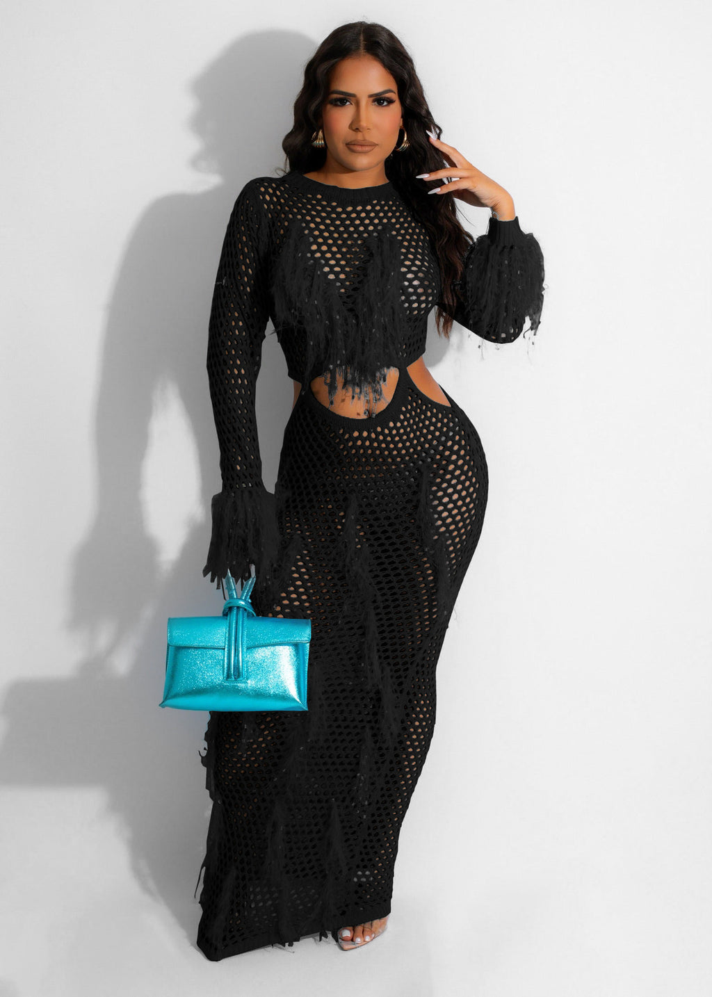 Black crochet knit maxi dress with fringe tassel cuffs, open waist cutout