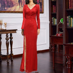 Sequin V-Neck Long-Sleeve Split Bodycon Maxi Dress