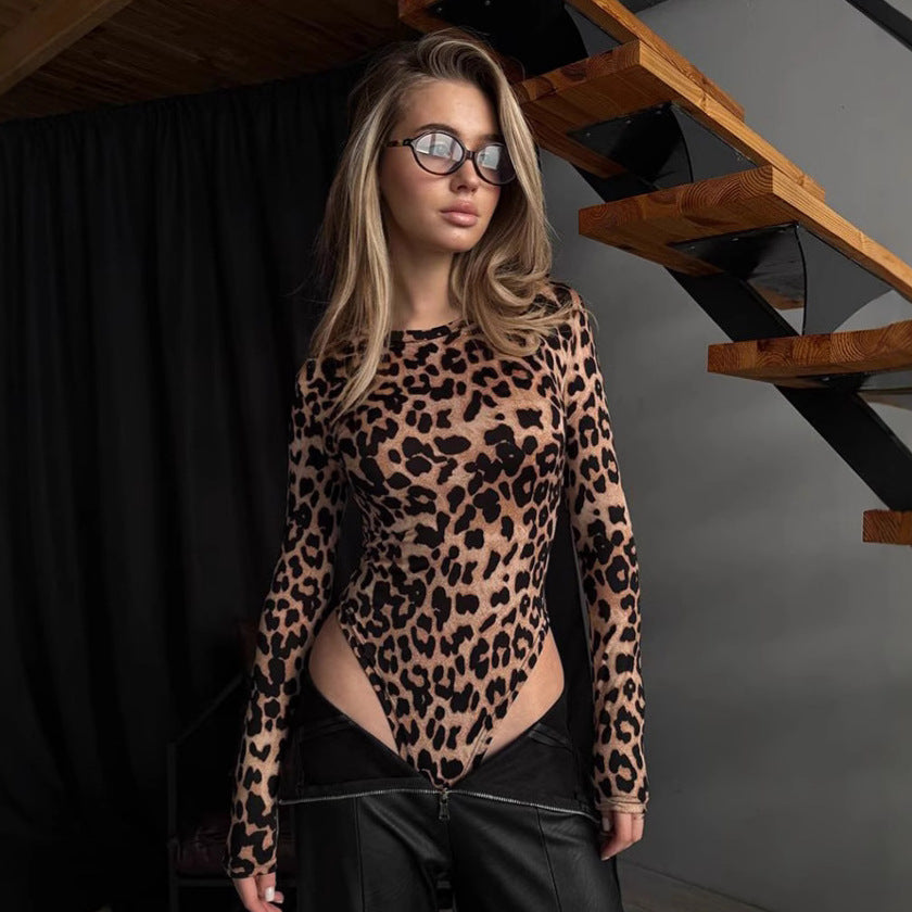 Knitted Leopard Print Long Sleeve round Neck Slim Fit Figure Flattering Jumpsuit All Match Top Women