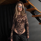 Knitted Leopard Print Long Sleeve round Neck Slim Fit Figure Flattering Jumpsuit All Match Top Women