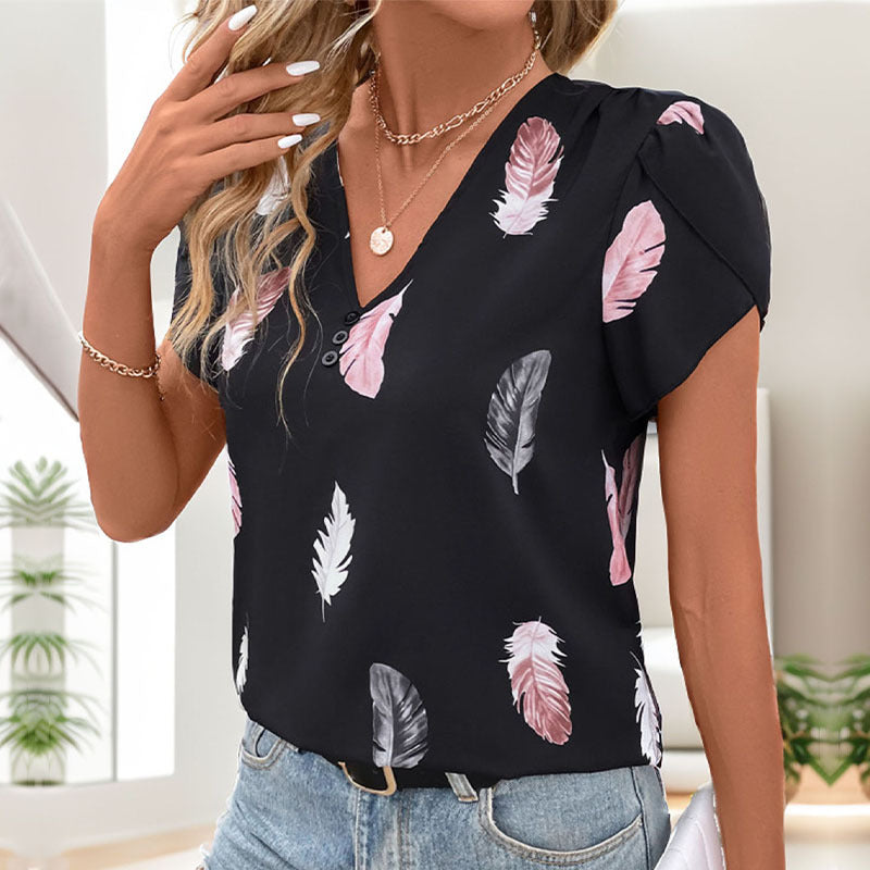 Women's Feather Print V-Neck Puff Sleeve Top