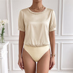 Elegant Office Champagne Satin Beaded round Neck Jumpsuit